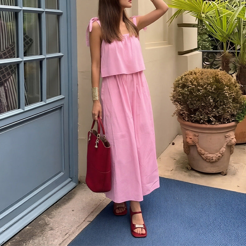 european and american women's summer beach vacation dress, new french-style soft faux two-piece camisole dress