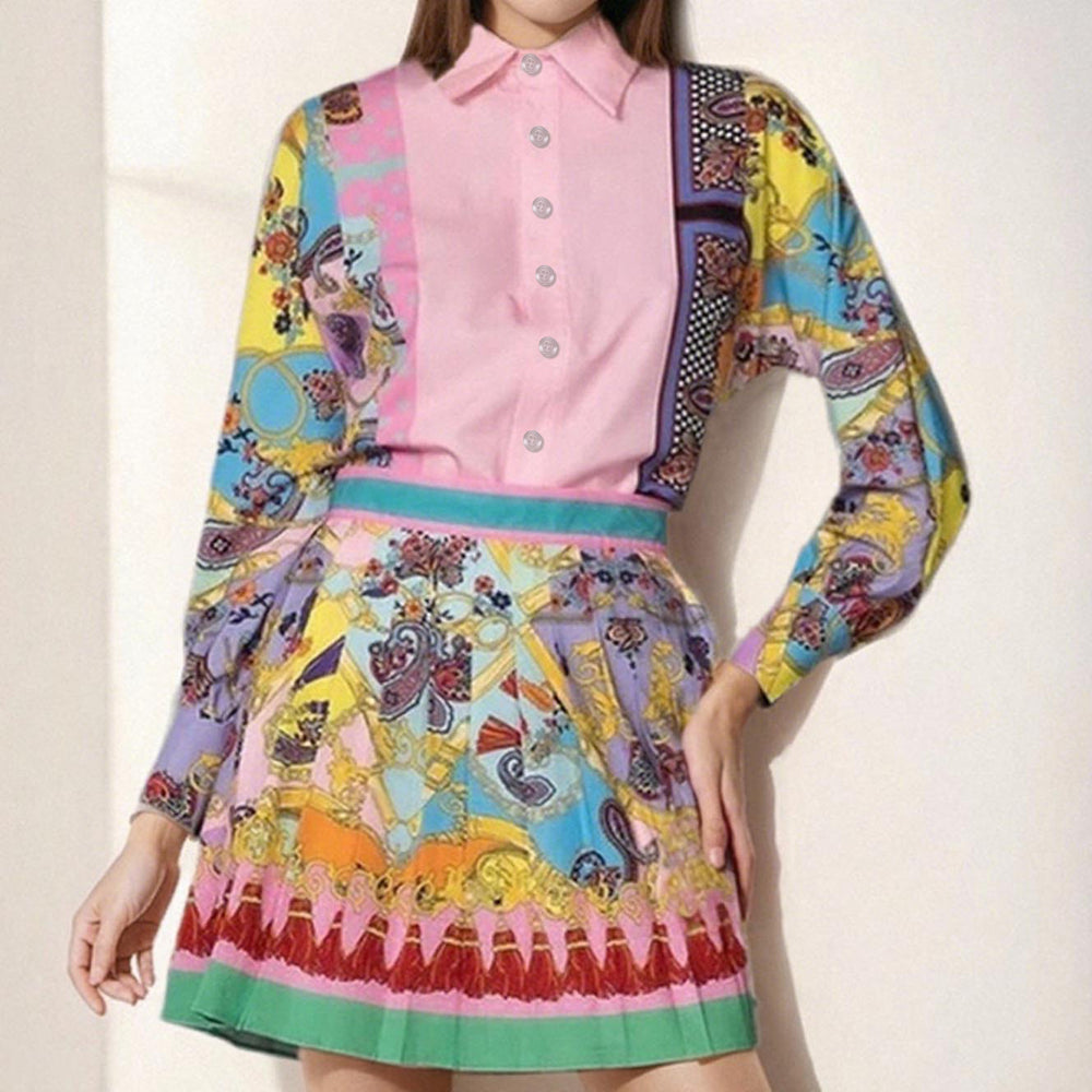 cross-border e-commerce european and american women's clothing: new summer collection - printed long-sleeve shirt and pleated skirt two-piece set