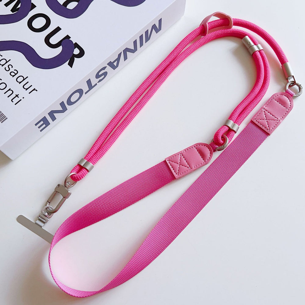 Trendy wide shoulder strap crossbody phone case lanyard with lambskin patchwork, adjustable strap, anti-lost chain for outdoor travel