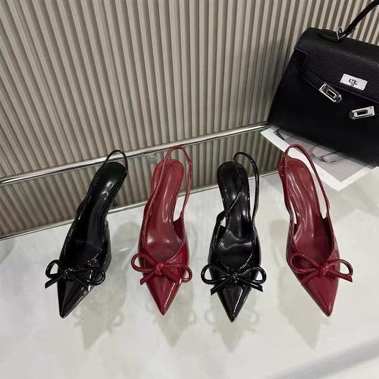Red patent leather pointed-toe high heels - 2025 spring new collection - bow accent, open back, closed toe women's shoes