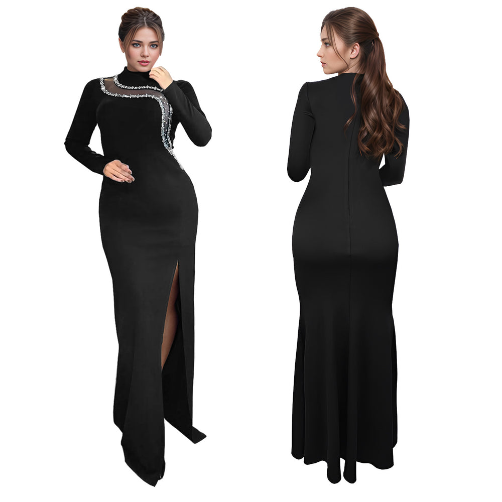 C7297 cross-border   fashion women's sexy slim-fit slit rhinestone chain long sleeve dress