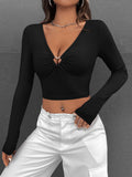 women's new black v-neck cut outlong sleeves t-shirt waist slimming look waist sexy hot girl style tops
