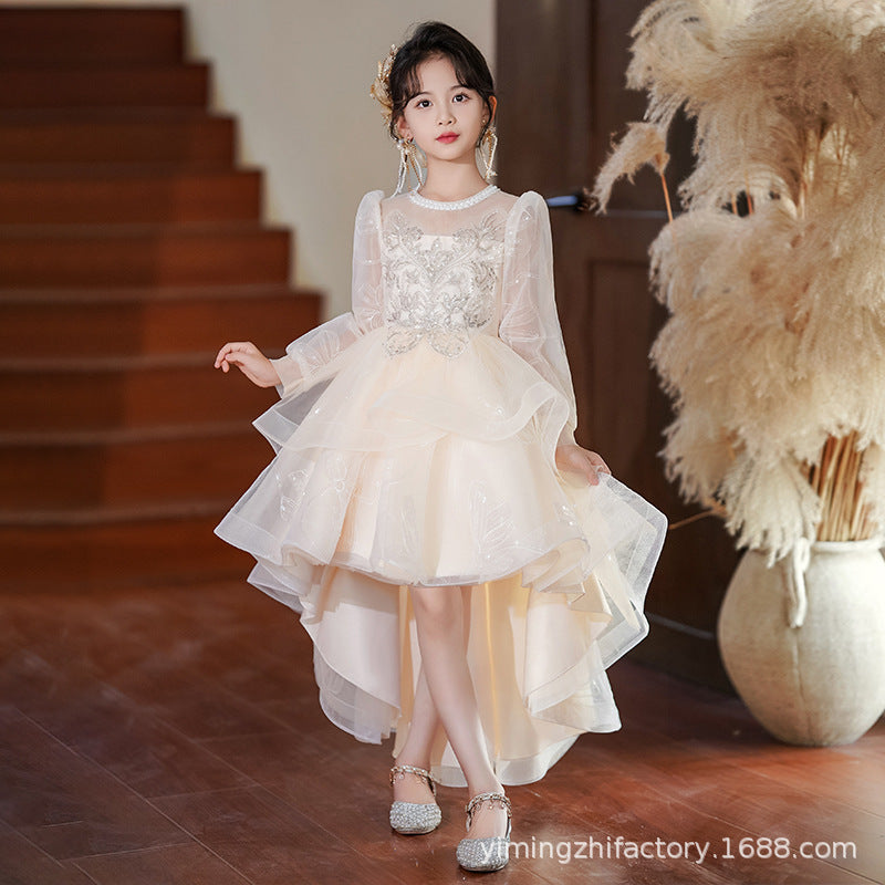 Girls' formal dresses with train, new  princess style, mesh, chic flower girl wedding dress, swallowtail skirt, wholesale ready stock, spring/autumn collection