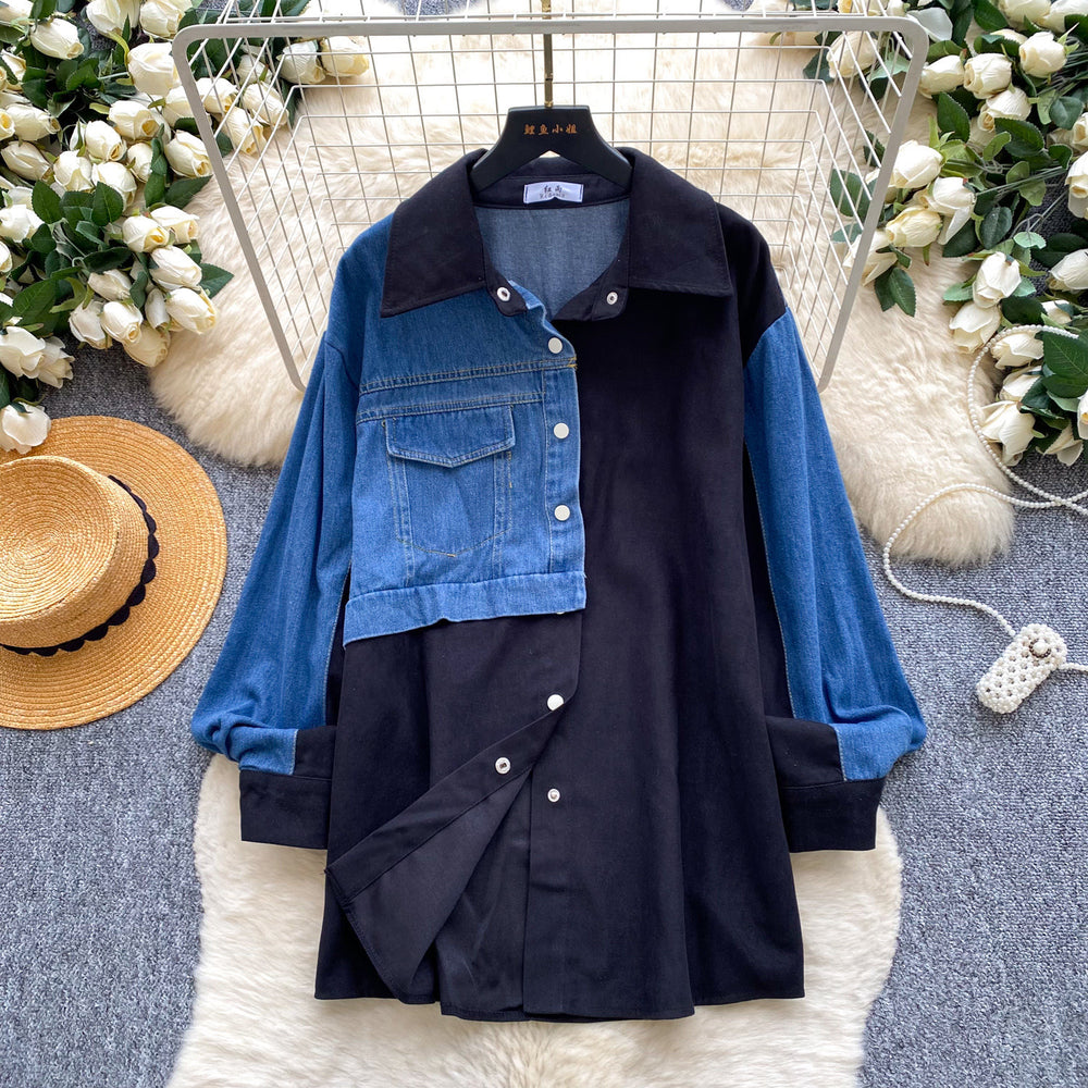 Trendy retro patchwork denim shirt for women - long sleeve, loose fit, cardigan style, versatile and chic top for autumn
