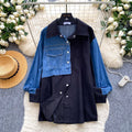 Trendy retro patchwork denim shirt for women - long sleeve, loose fit, cardigan style, versatile and chic top for autumn