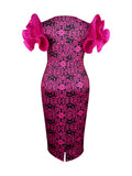 Am040101 european and american mesh panel see-through dress - elegant petal sleeve printed a-line dress
