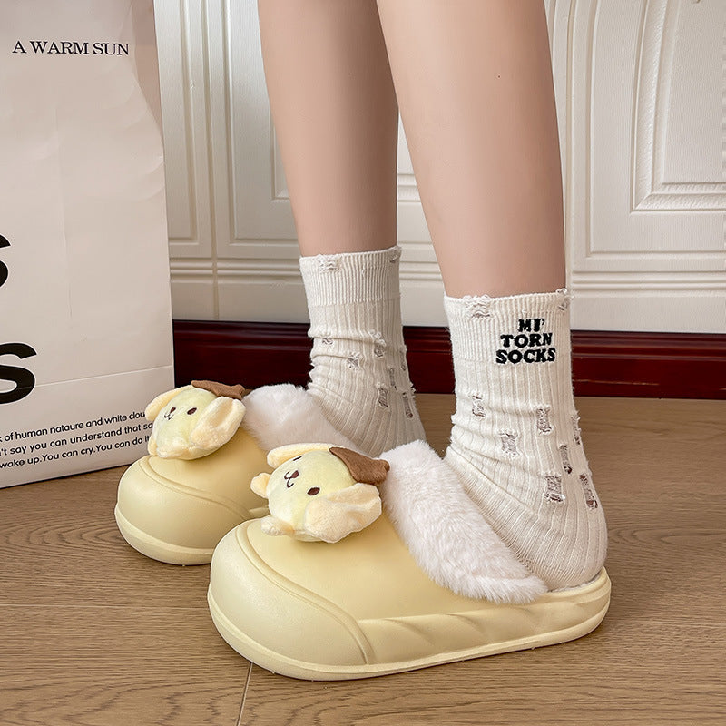 Platform chunky sole white fuzzy slippers - women's outerwear shoes, new autumn/winter 2024 collection, versatile home slippers