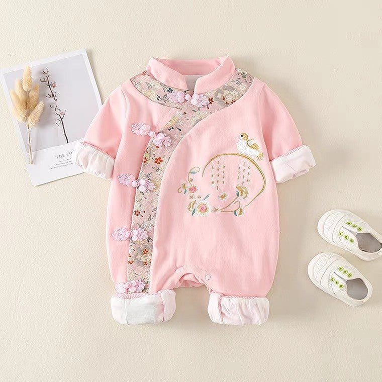 Baby spring autum baby girl long sleeves partial magpie double-layered khaki full moon tang suit style embroider one-piece clothes
