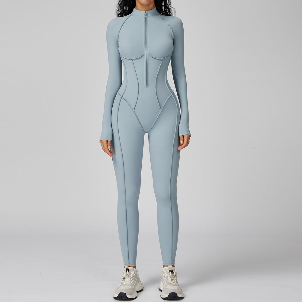 color block stand collar jumpsuit half-zip one-piece activewear women's high-intensity workout yoga suit 9326