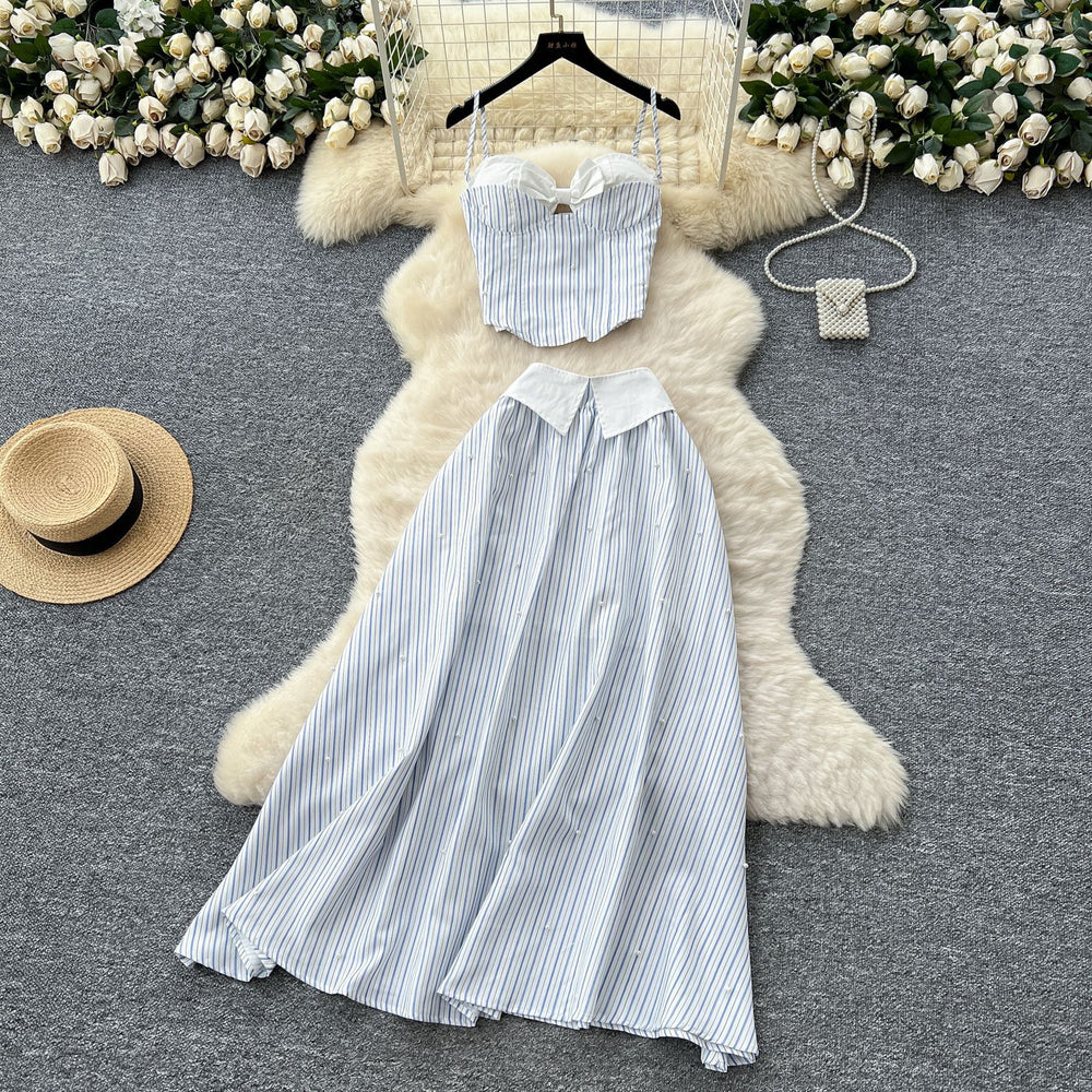 Dopamine pure desire hot girl suit women's summer stripes camisole tube top vest + high waistslimming look large swing skirt