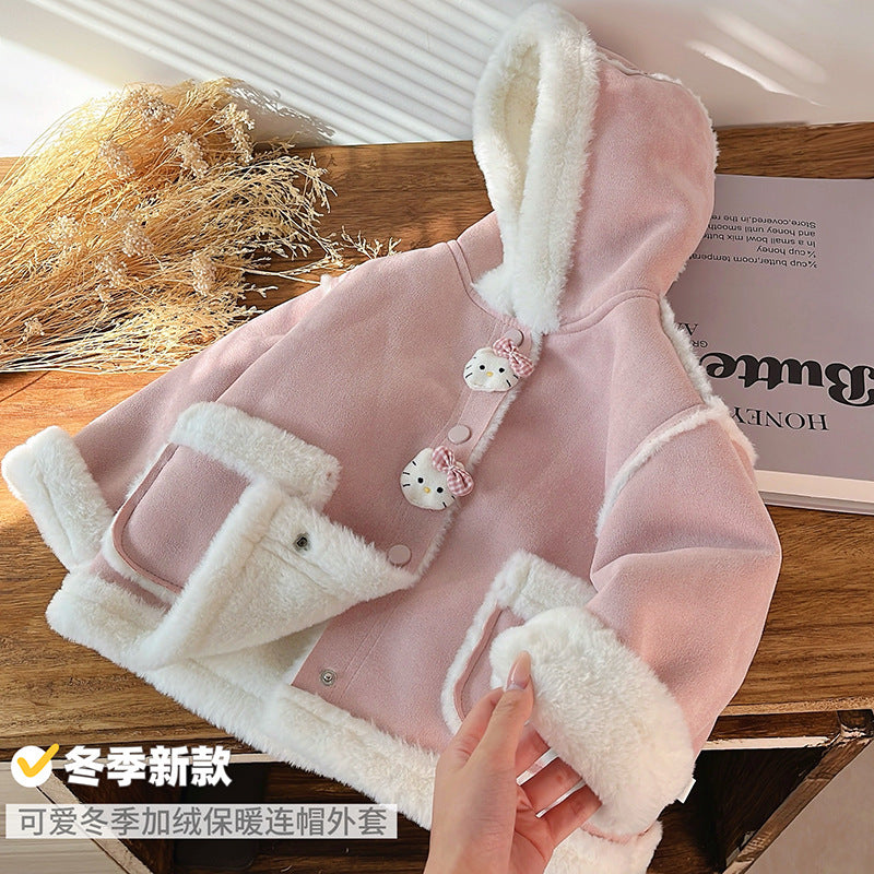 Girls' fall/winter new collection: fleece-lined, thickened hooded jacket - warm outerwear for baby girls, casual kids' clothing, children's apparel