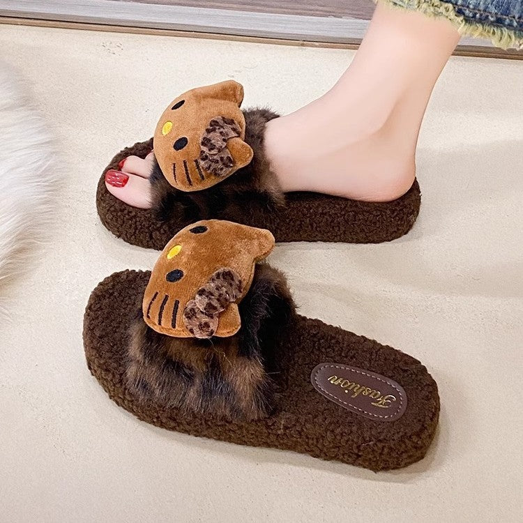 Cute leopard print hello kitty fuzzy slippers for women - new winter thick-soled design, stylish outdoor wear, warm and cozy one-strap cotton slippers