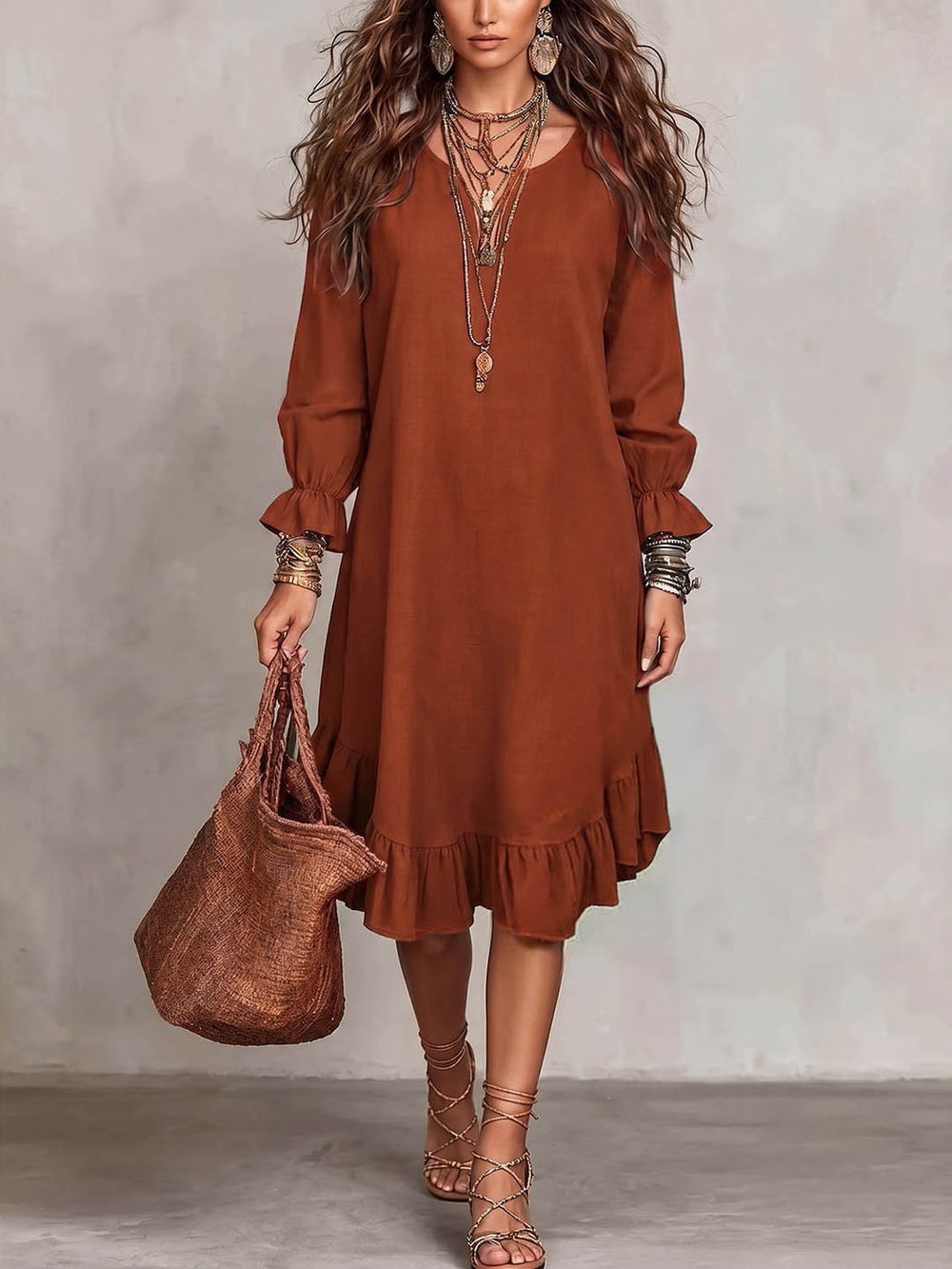 Women's vacation-ready slip dress: relaxed fit, v-neck, slit hem, ruffle trim, midi length - wholesale available