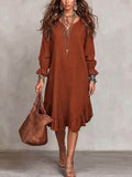 Women's vacation-ready slip dress: relaxed fit, v-neck, slit hem, ruffle trim, midi length - wholesale available