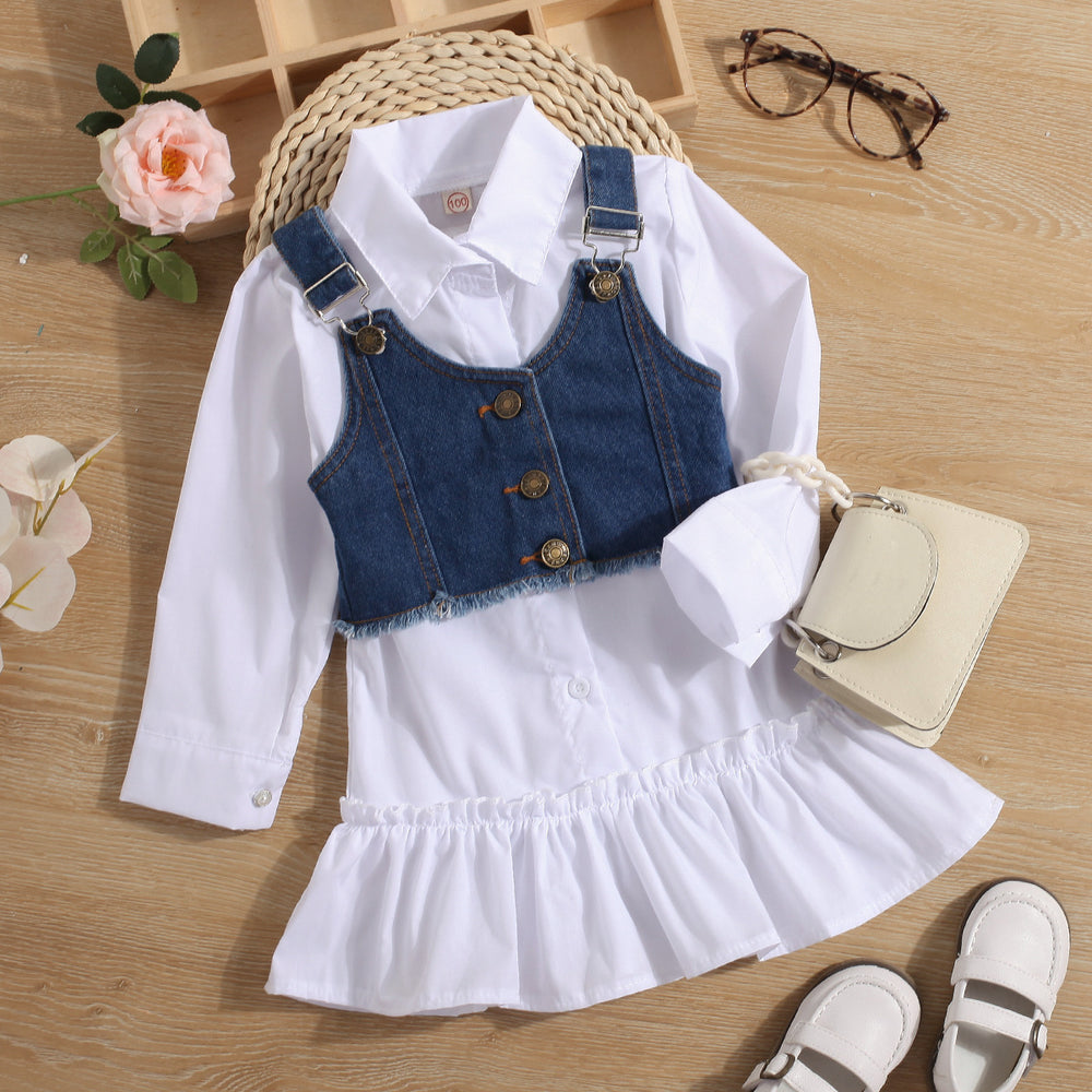 spring/autumn children's export lapel shirt dress for girls with ruffle trim, denim vest two-piece set