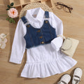 spring/autumn children's export lapel shirt dress for girls with ruffle trim, denim vest two-piece set