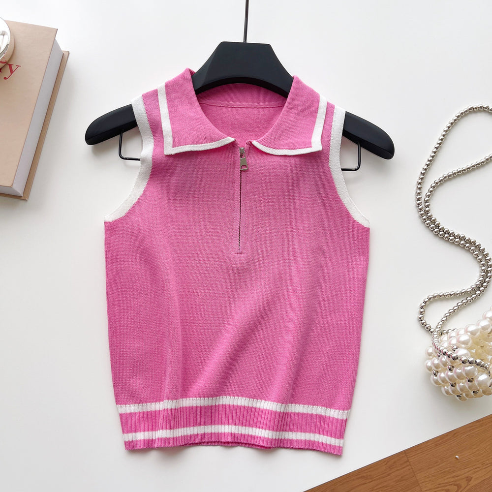 Korean ins summer new arrivalfashioncontrast color lapel knitting shirt vest women's silmslimming lookeasiest for match sleeveless tops