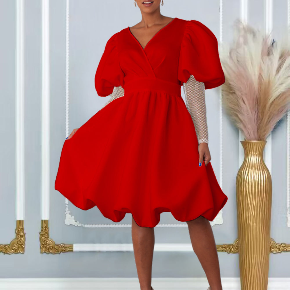 D495   european and american foreign trade women's v-neck flared bubble sleeve evening gown bridesmaid dress