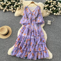 French round neck lantern sleeve drawstring waist printingdress women slimming lookeleganteleganceruffles chiffon long skirt