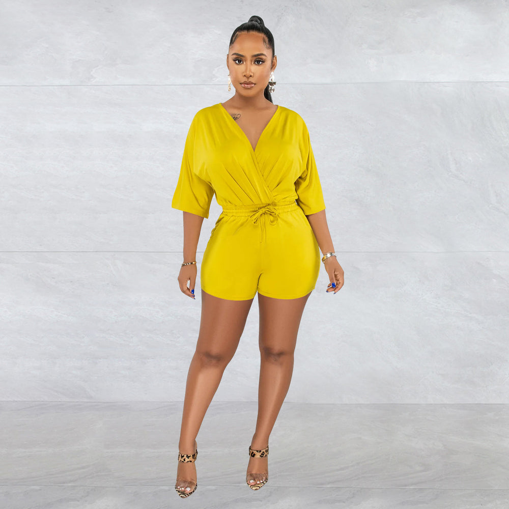 C6308 special offer: no returns or exchanges. please purchase with care. cross-border fashion women's tie-up v-neck mid-sleeve shorts jumpsuit