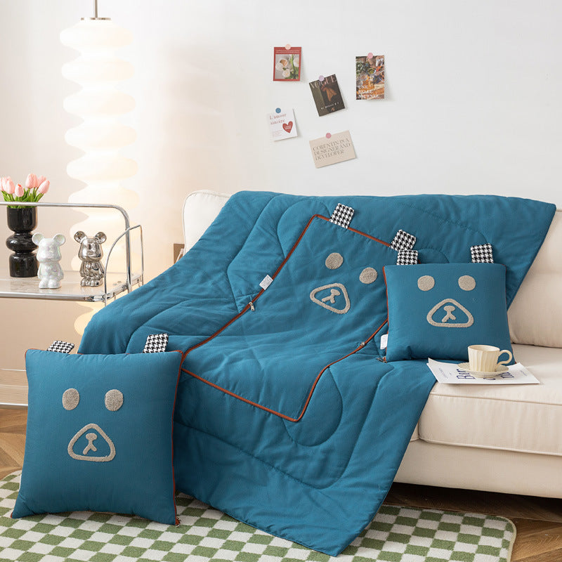 Multifunctional throw pillow quilt, cartoon cute embroidered sofa office single living room nap pillow quilt, dual-purpose