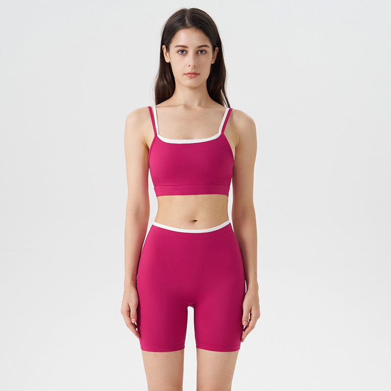 new arrivalfake two-piececontrast color white striped suspender running sports intimates bra three-quarter shorts yoga suit
