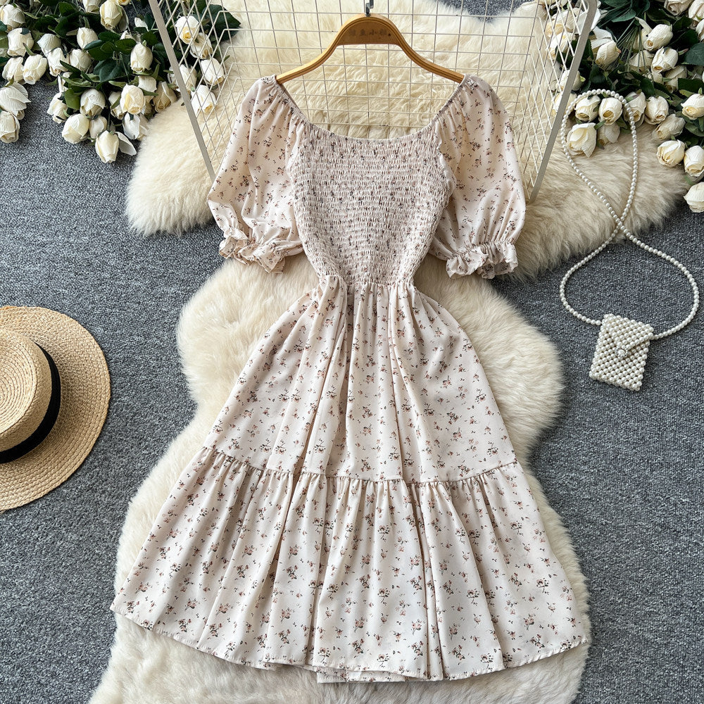 Korean style red floral print shirred waist pleated dress - women's summer puff sleeve square neck high waist a-line dress - romantic & chic