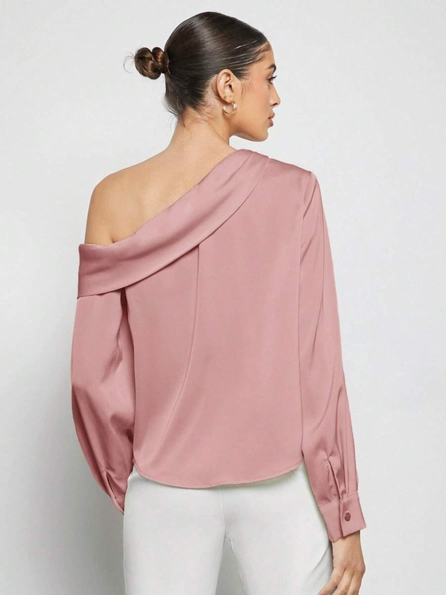 Export cross-border pleated satinshirttops spring and summer fashion  off-shoulder asymmetrical long-sleeved shirt women's clothing