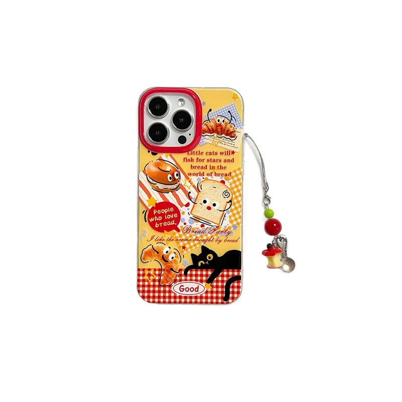 Bread and black cat compatible apple 17 air stand protective case creative toast iphone 16 pro phone case 15