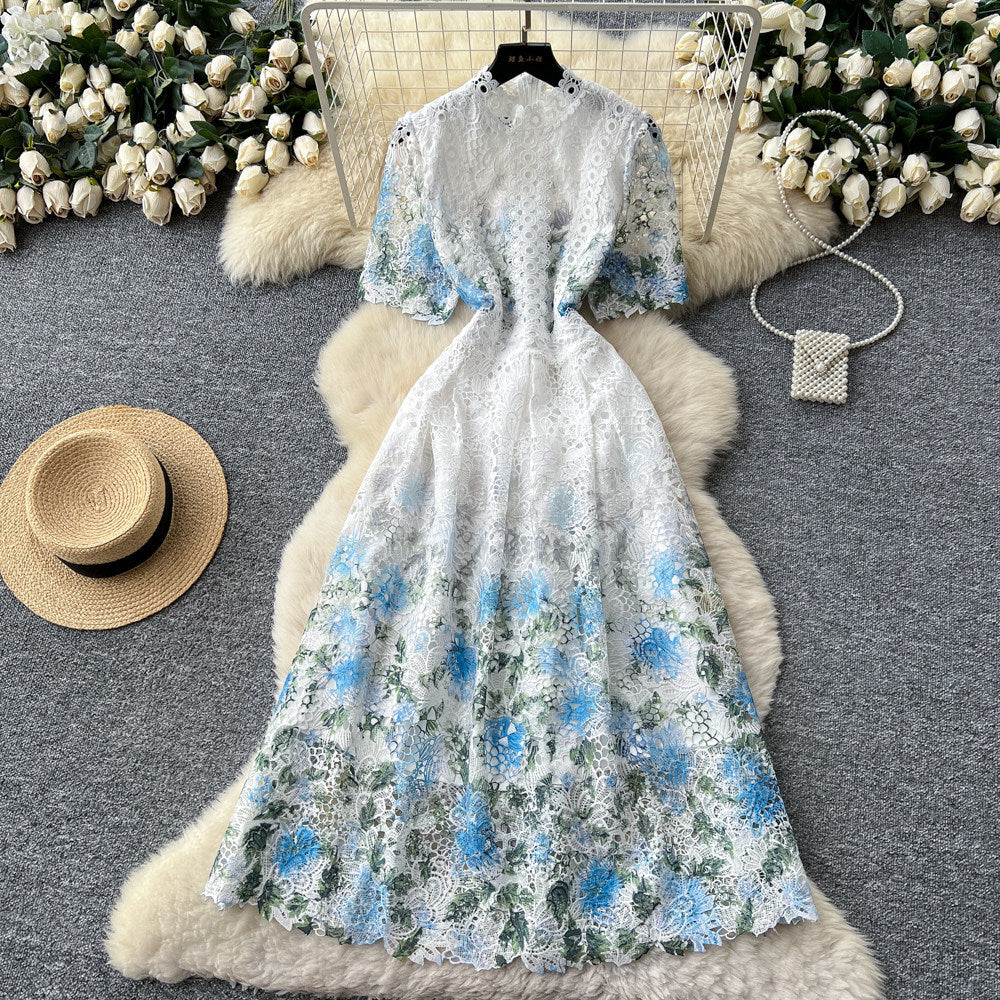 Frenchretro socialiteclassy sense of heavy industrycut out water-soluble lacedress women's waist slimming lookelegant long skirt