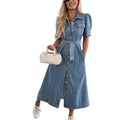 European and american cross-border independent station puff sleeve dress european and american fashion trendy single row multi-buckle long denim dress