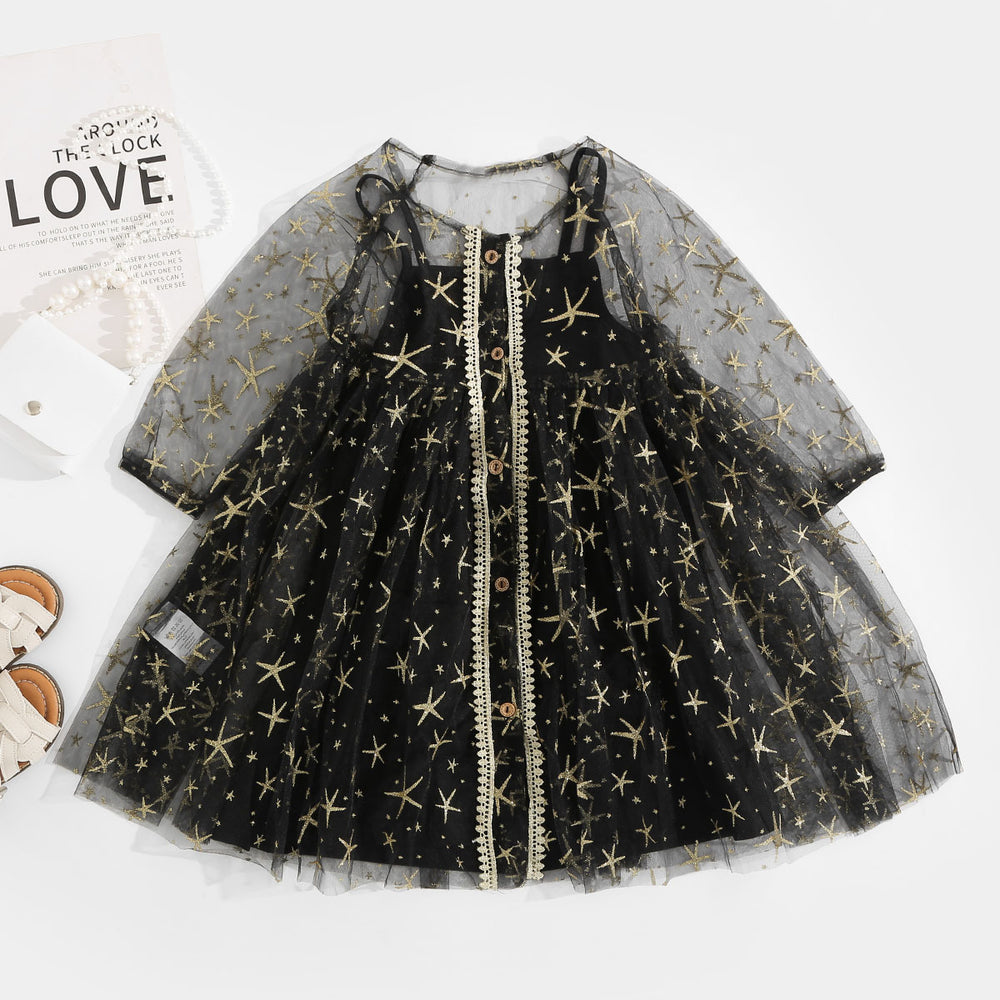 summer new european and american style sleeveless hot stamping star dress two-piece set for toddlers and young children