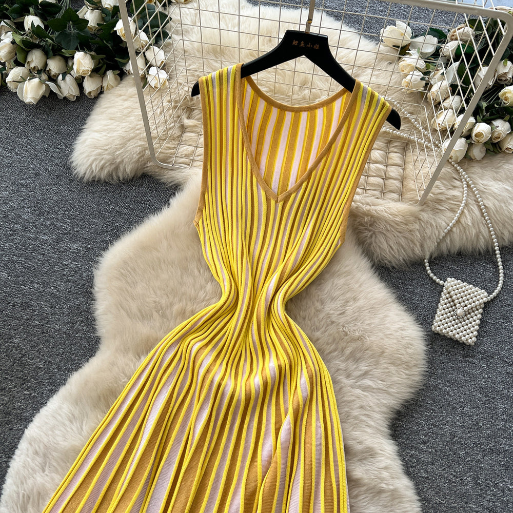 French chic sleeveless striped dress - women's v-neck, slim-fit, knitted maxi dress - high-end inner layering piece