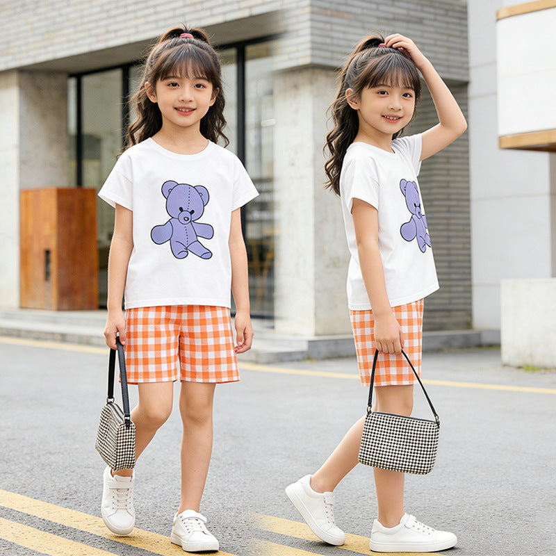 Girls' summer outfit set  new style: girls' shorts and top two-piece set for mid-to-large children, sweet summer style