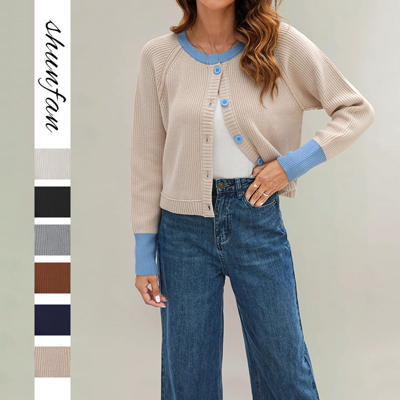 Cross-border 2025 autumn and winter new tiktop European and American round neck color matching fashion button contrasting knitted cardigan jacket