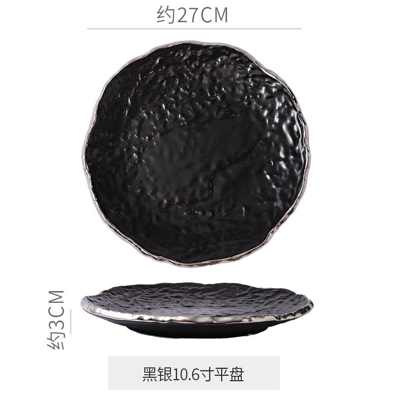 Luxury retro-style irregular ceramic dinnerware set with embossed gold trim – perfect for home, restaurant, and hotel table settings