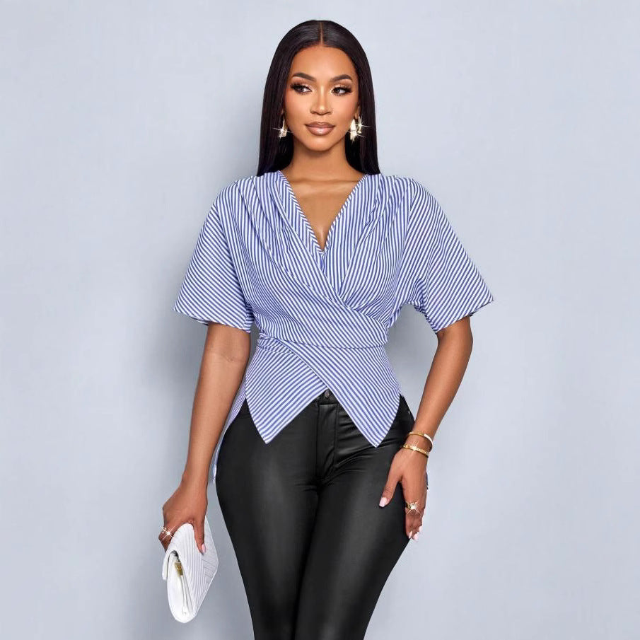 European and american cross-border  summer new striped irregular sexy fashion short-sleeve shirt v-neck top women's blouse