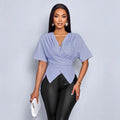 European and american cross-border  summer new striped irregular sexy fashion short-sleeve shirt v-neck top women's blouse