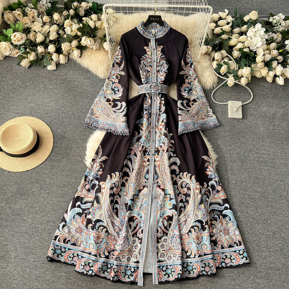 Frenchretroclassy dress women's niche styleelegantloose waist bell sleeves waist large hem printing long skirt