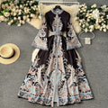 Frenchretroclassy dress women's niche styleelegantloose waist bell sleeves waist large hem printing long skirt