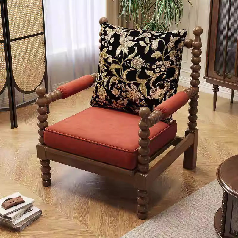 Solid wood fabric chair medieval style living room chair sofa bedroom american pearl chair single retro pearl chair french style