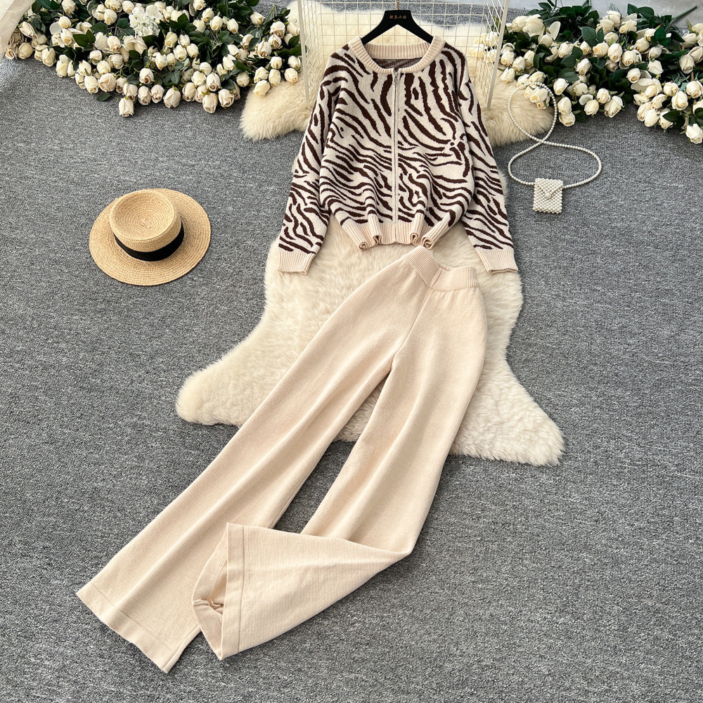 European style fashion set for women - autumn loose casual versatile crew neck long sleeve printed knit top & high waist wide leg pants