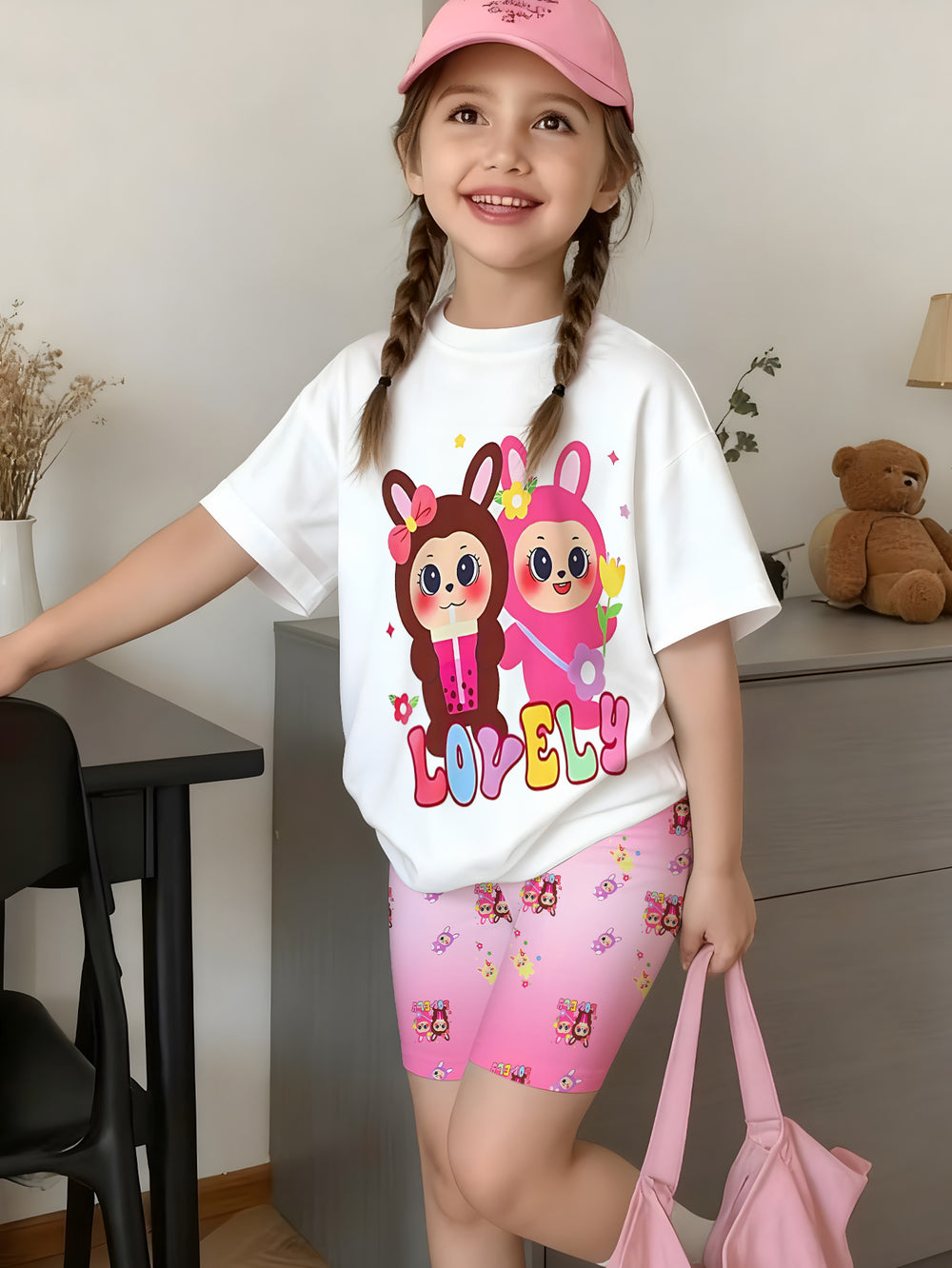 Girls' t-shirt and shorts set featuring a cartoon short-sleeve design and printed graphics, perfect for casual streetwear