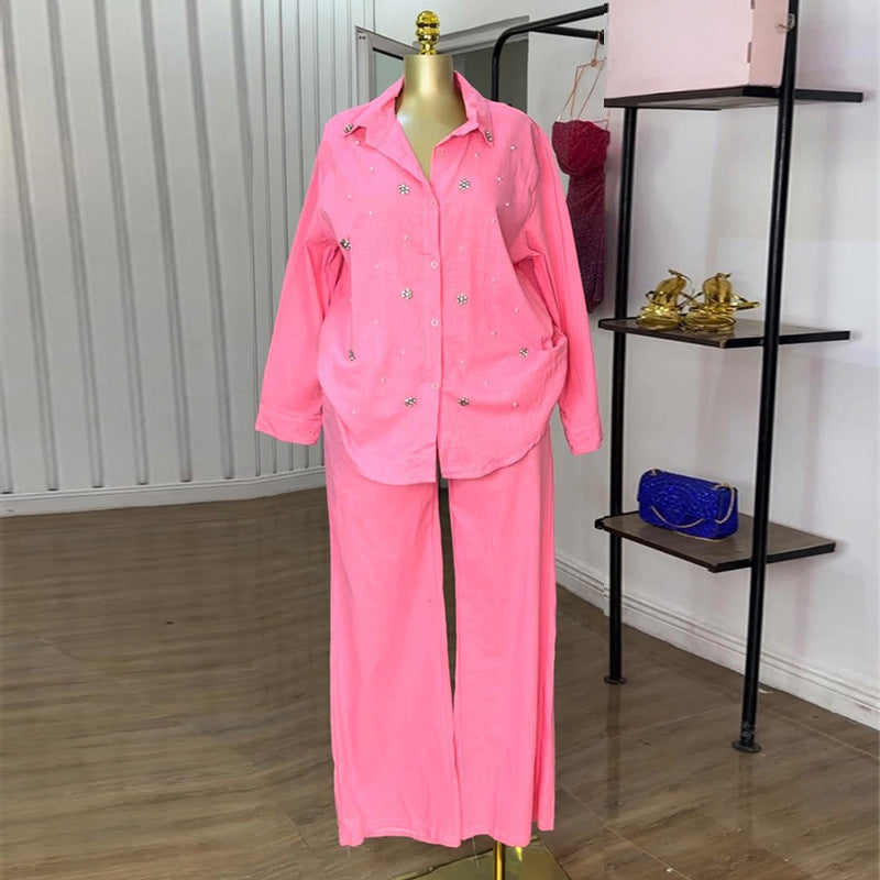 European and american women's clothing  summer new collection: sweet and fresh turn-down collar long sleeve beaded blouse and high-waisted straight-leg pants two-piece set