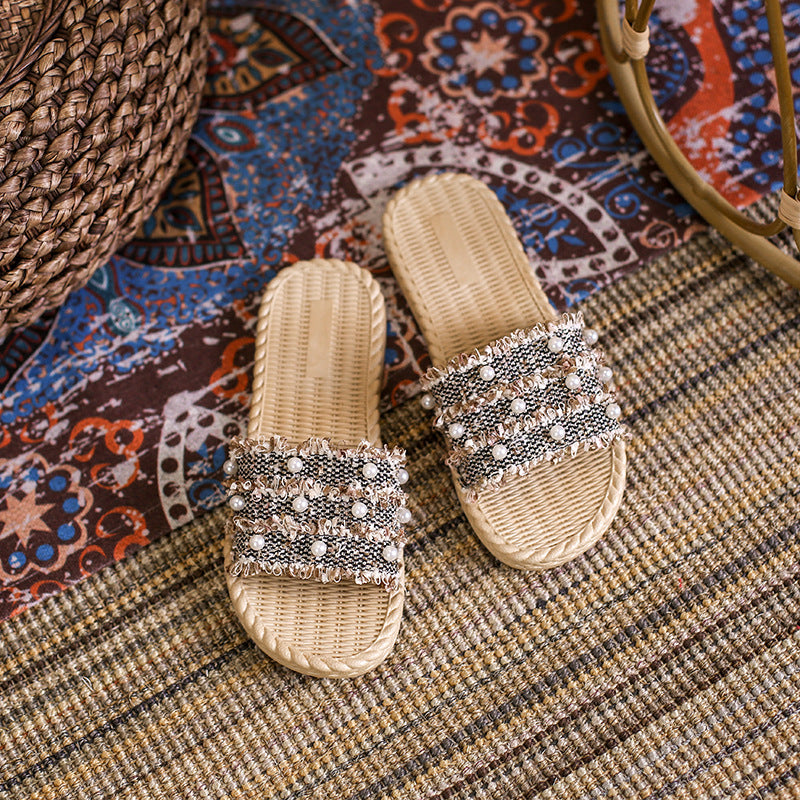 2024 summer new arrival: versatile pearl-embellished flat sandals - trendy, instagram-worthy beach slides for women