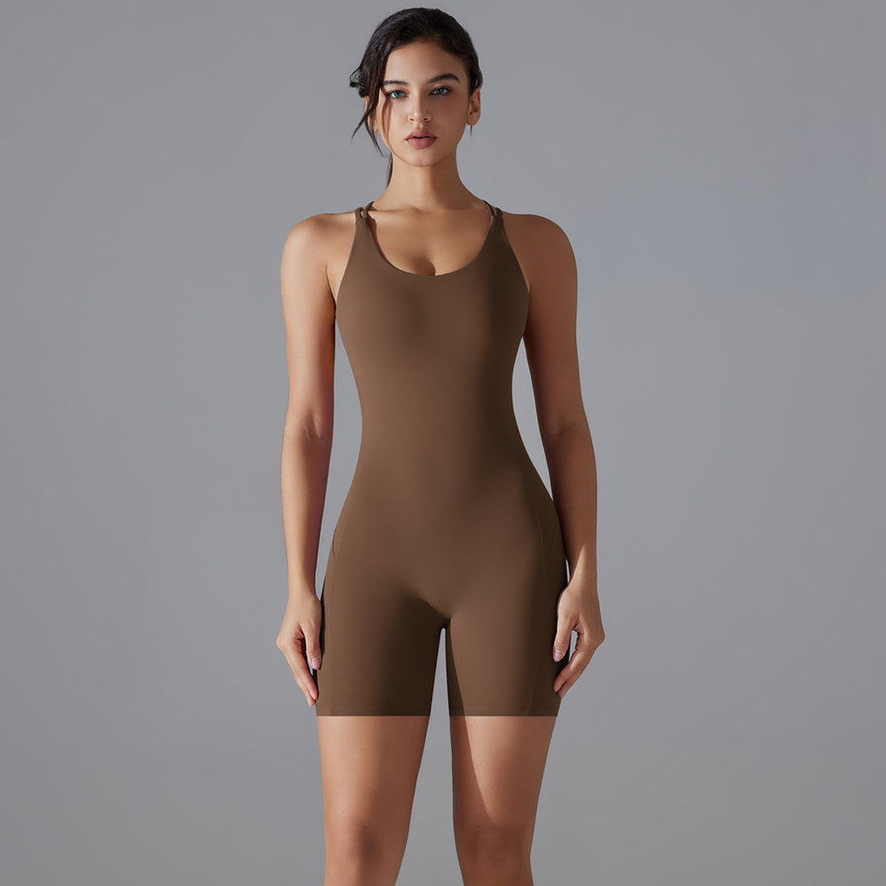 Fashionnew arrivalnude suspender beautiful back jumpsuit shortall-in-one yoga clothes women's running sports fitness jumpsuit