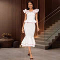 Elegant women's ruffle trim color block top and figure-flattering fishtail midi skirt two-piece set