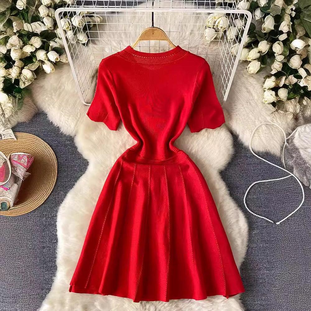 French chic round neck short sleeve dress - women's elegant, slim-fit, retro a-line summer dress