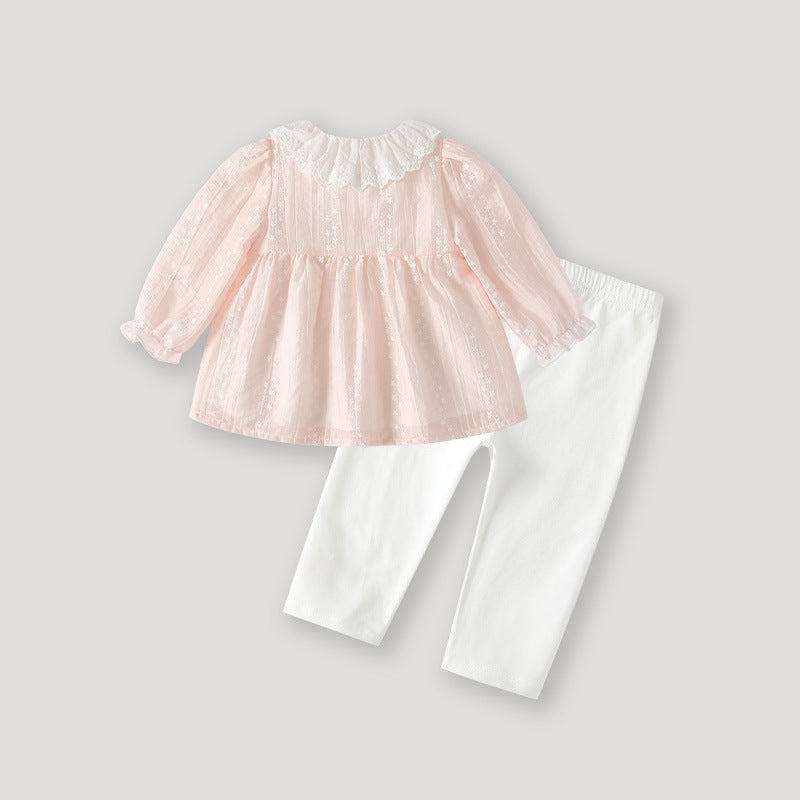 Baby autumn outfit set  new stylish girls' pink lace trim babydoll top and leggings two-piece set