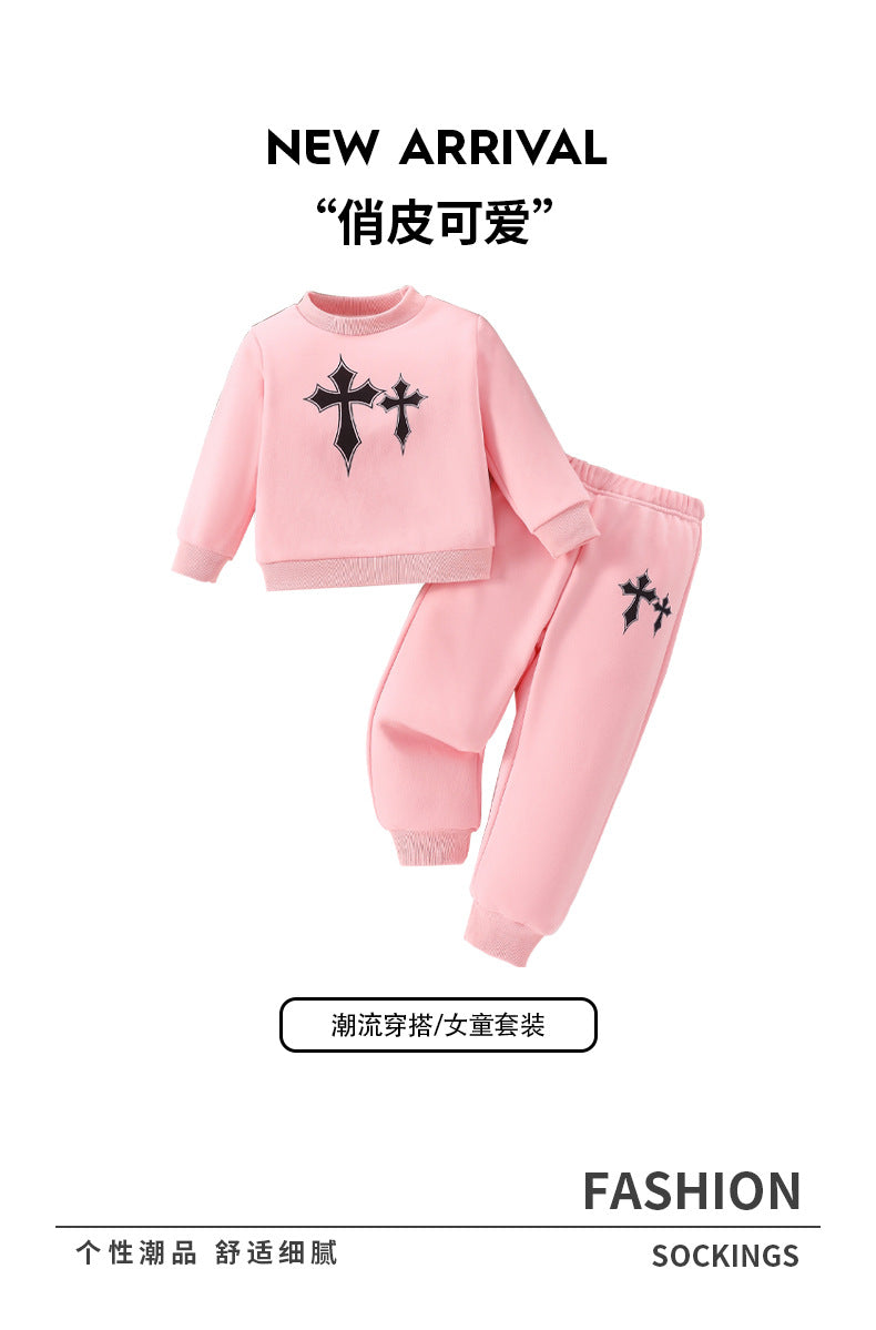 girls' long-sleeve outfit: pink crewneck sweatshirt and jogger pants set - perfect for dance and autumn/winter wear